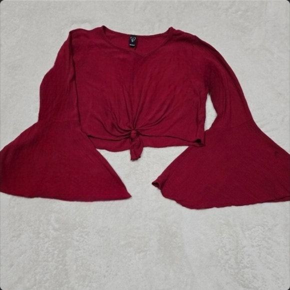 Red Flare Sleeve Crop Top ✦ Windsor Tie-Front Textured Boho Style ✦ Made in USA - Picture 4 of 13